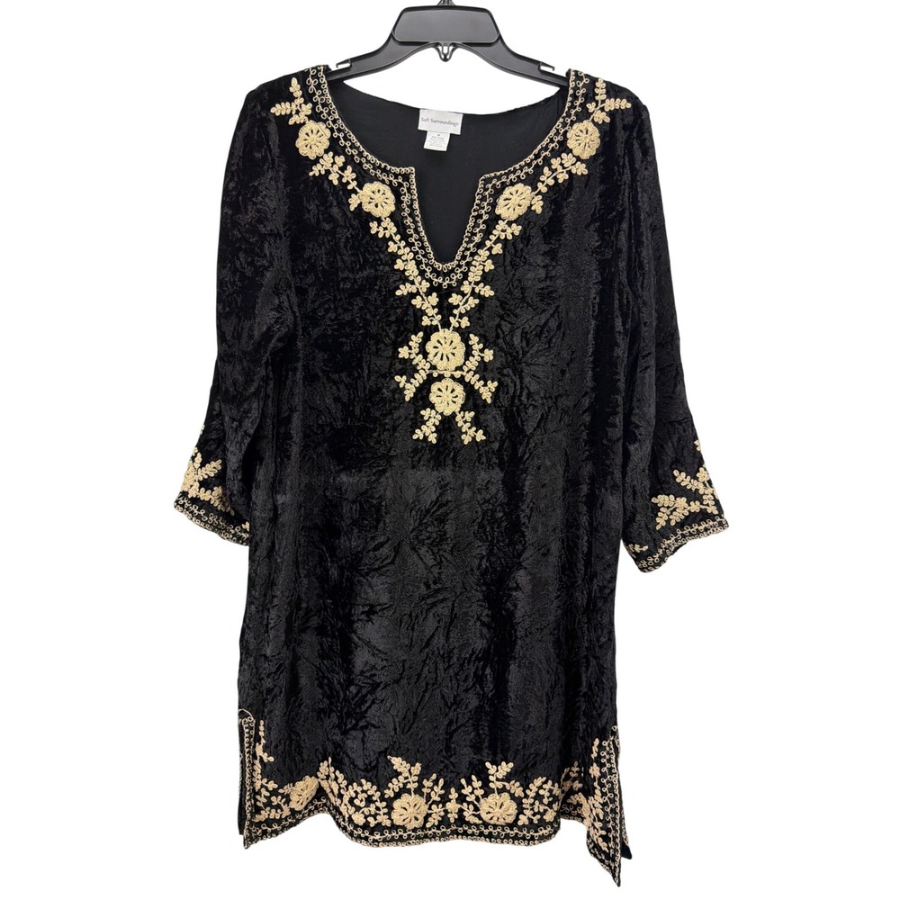 Soft Surroundings Black Velvet Floral Embroidered Tunic Medium Witchy Goth